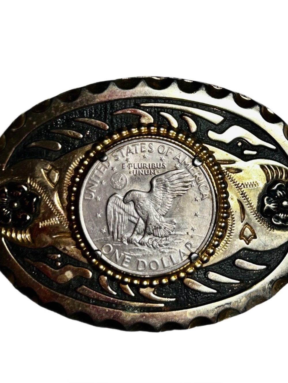 Silver Dollar ~ 1978 D Eisenhower Silver Dollar Gold & Black Floral Belt Buckle